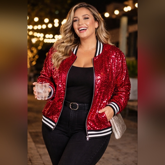 Tipsy Elves Red Sequin Bomber Jacket NWT XXL
